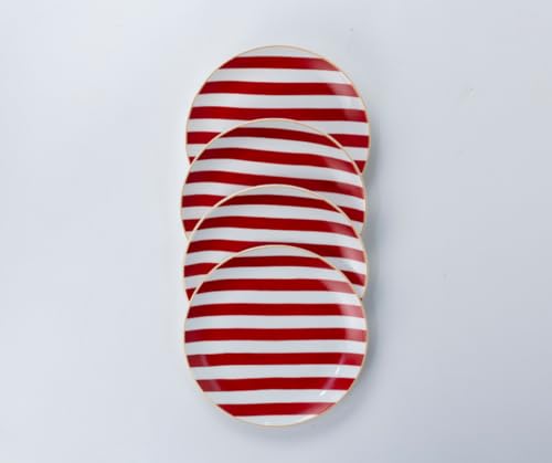 GOLDEN QUEEN'S Snack Plates Set of 4 | Perfect for Snacks, Desserts, Appetizers, Salads, Tapas, Cheese | 7 inches Wide | Microwave Safe (Red Stripes)