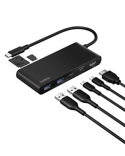 Image of Belkin USB Hub for Laptop 7-in-1, USB C Hub - Multi Port Adapter with 4K HDMI 2.0 @ 60Hz, 100W USB-C PD, SD & MicroSD Slots, 5Gbps Transfer | Type C Hub for MacBook Pro, Air, iPad, Windows