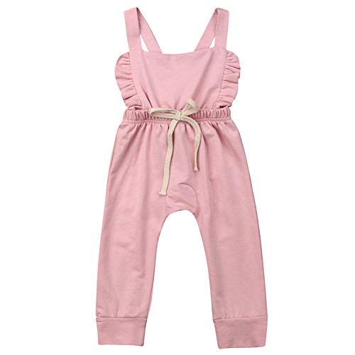 Newborn Baby Girls Sleeveless Ruffle Romper Backless Bib Overalls Jumpsuit Long Pants (Solid Pink, 0-3 Months)