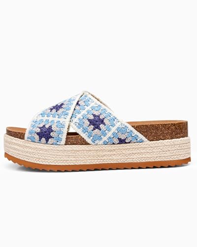 Image of Coutgo Womens Platform Espadrille Sandals Floral Crochet Open Toe Slides | 2.2-In Heels, Slip on, Cork Footbed, Cross Wide Strap, Summer Beach Vacation Shoes