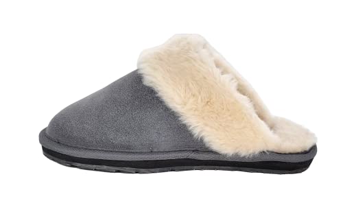 Image of Clarks Womens Open Back Suede Leather Comfort Clog Slipper JMS0583C - Plush Faux Fur Trim - Indoor Outdoor House Slippers For Women