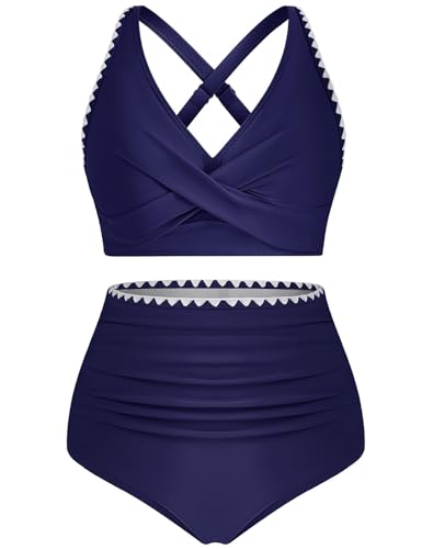 UMIPUBO Mujer Traje de Baño 2 Piezas Push up Talle Alto Bikinis Conjunto Cuello en V Reductors Barriga Talle Alto Bañadores Sexy De Dos Piezas Swimwear(Azul Marino,S)