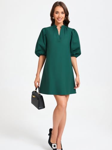 Image of EZAPINE Women Babydoll Mini Dress Summer Casual Cotton V Neck Puff Lantern Sleeve Loose A Line Cute Dress