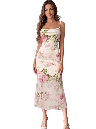 Image of Womens Summer Dress 2026 Spring Mesh Sleeveless Bodycon Ruched Floral Holiday Maxi Long Dresses