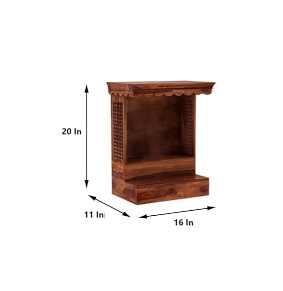 Image of Sheesham Wood Temple Solid Wood Classic Wooden Temple for Home, Office Pooja Mandir with 1 Drawer for Storage Home Decoration | Wall Devghar