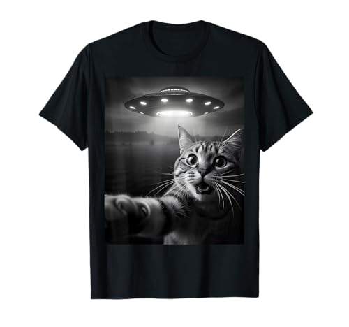 Funny Cat Selfie with Alien UFO Encounter Fun For Boys Girls Camiseta