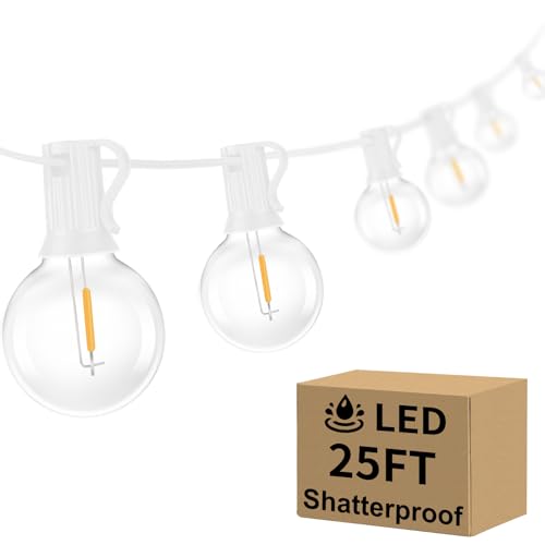 Bosceos Outdoor G40 LED Globe String Lights 25FT Dimmable Shatterproof Waterproof Patio Lights with 12+2 Bulbs Connectable Commercial Hanging Light for Patio Balcony Backyard Party (White Wire)