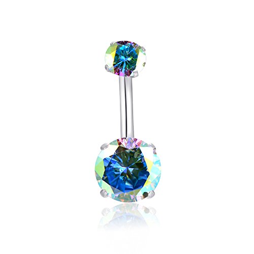 HQLA 14G Belly Button Rings Surgical Stainless Steel Round Cubic Zirconia Navel Barbell Stud Body Piercing (AB Colour)