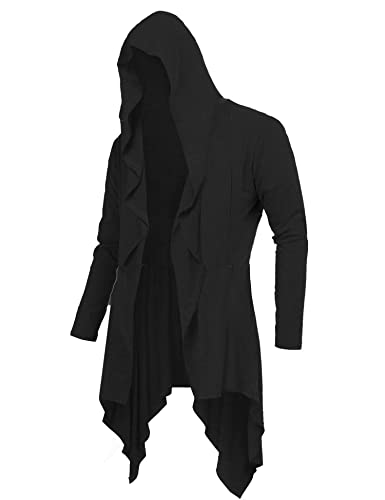 RAGEMALL Mens Ruffle Shawl Collar Cardigans Long Hooded Cardigan Open Front Lightweight Drape Cape Sweater with Pockets