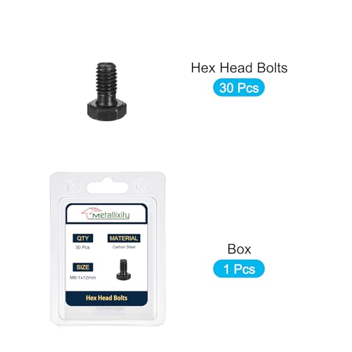 Image of METALLIXITY Hex Bolts (M6-1x12mm) 30Pcs, 12.9 Grade Carbon Steel Fully Threaded Black Oxide, Coarse Thread UNC Hex Head Screw Bolt - for Mechanical Repair