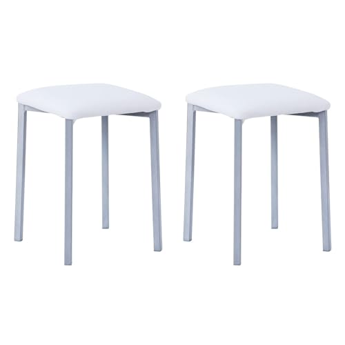 Noorsk Design Lote de 2 Banquetas Cocina - Taburete Bajo con Estructura Metálica Gris Epoxi y Asiento de Madera de DM con Espuma, Acabado en Poliéster - Colores Blanco y Negro, 32x32x45 cm (Blanco)