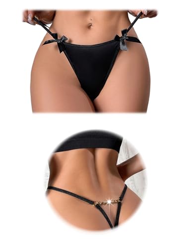 Image of FULLJOYLOVE Women Sexy G-String Thongs Panties Bow Tanga V-Waist Briefs Chain Low Rise Underwear Black