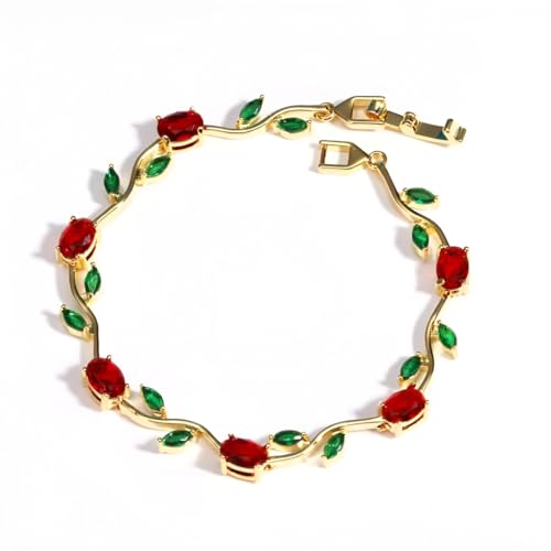 Image of Inites Fairy Bloom Floral Tulip Bracelet With Red Green Crystal Stones For Girls & Women | Elegant Anti Tarnish Golden Chain Link Floral Branches Bracelet Lightweight Jewelry For Daily Wear & Gifts