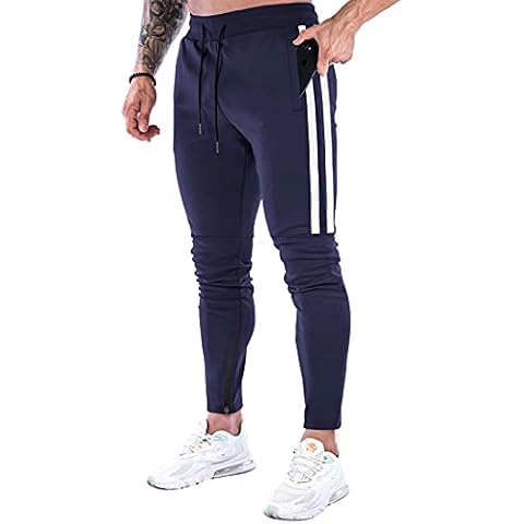 Suwangi Mens Joggers Slim Fit Running Tracksuit Bottoms Sports Trainning Sweatpants Fitness Trousers Zip Pockets Blue Cover