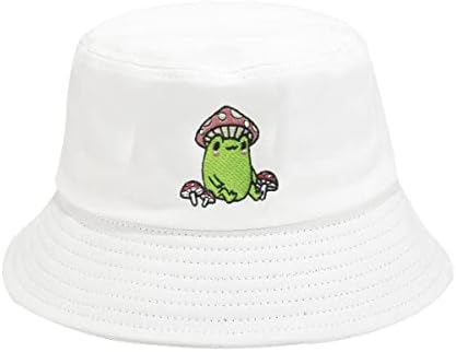 Mushroom Frog Bucket Hat Embroidered for Men Women Girl, White Soild Summer Travel Fisherman Embroidery Beach Sun Hat Outdoor Cap Unisex