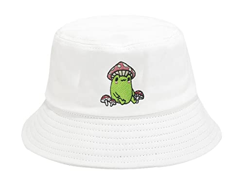 Mushroom Frog Bucket Hat Embroidered For Men Women Girl, White Soild Summer Travel Fisherman Embroidery Beach Sun Hat Outdoor Cap Unisex #TOP2