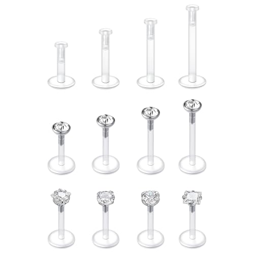 WillTen 12Pcs Clear Tragus Piercing Helix Piercings Labret Piercing Lippenpiercing, Mixed Bioflex Tragus Medusa Piercing Ohrpiercing Chirurgenstahl Ohr Helix