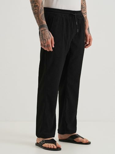 Image of Banana Club Deep Black Corduroy Pant - Regular Fit, Solid, Corduroy Casual Trousers with Textured Fabric, Comfortable Fit