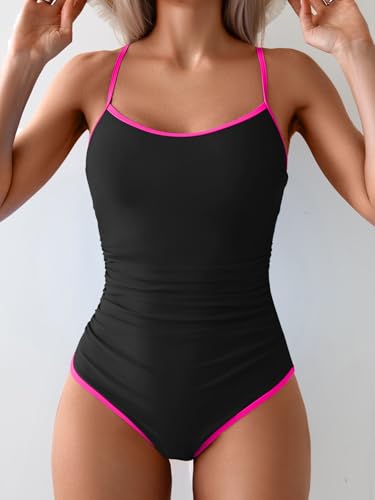 Image of Eomenie Women's One Piece Swimsuit Tummy Control Slimming Bathing Suit Color Block Spaghetti Strap 1 Piece Swim Suit Swimwear