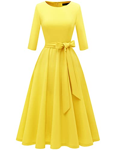 DRESSTELLS Damen Vintage Retro Kleider Elegant Swing A-Line Kleid Abendkleider Langarm Cocktailkleid Festlich Midilang Abendkleid kurz Yellow M