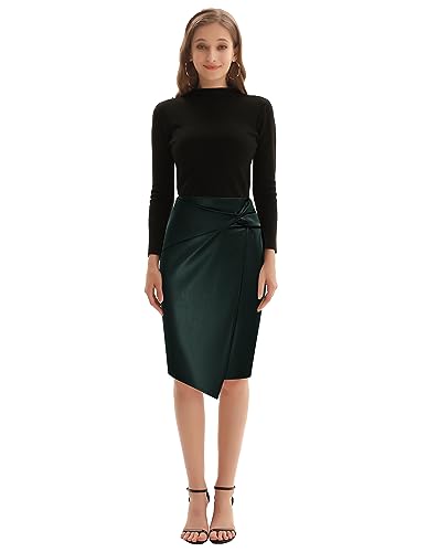 Image of Kate Kasin Women Faux Leather Midi Skirt, High Waist Wrap Bodycon Skirts