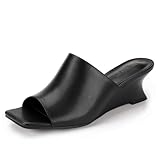 IDIFU Black Wedge Sandals for Women Dressy Low Mule Heels Short Square Open Toe Backless Dress Shoe for Women Summer Casual Ladies Comfortable Fashion Slide Slip on Mules Wedges Heels(Black Pu, 6.5)