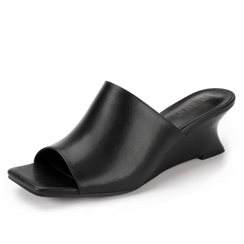 IDIFU IN2 Wedge Sandals for Women Dressy Low Mule Heels Short Square Open Toe Backless Dress Shoes for Women Summer Wedding Bride Prom Comfortable Fashion Trendy Slide Slip on Mules Wedges Heels