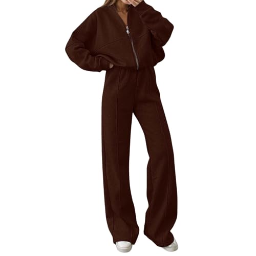 DUHENWU Chándal para mujer, ropa de descanso, chándal, elegante, traje deportivo cálido para invierno, traje de ocio, monocolor, chaqueta de manga larga con cremallera y pantalones deportivos