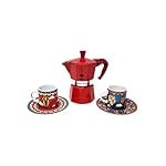 Bialetti Winter Wonderland Moka Express Red Coffee Maker Set 3 Cups 130 ml Complete with Two Cups and Two Saucers
