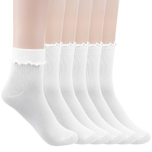 6 Pack Ruffle Sock Woman Ankle Ruffle Socks Turn Cuff Frilly Sock Lovely Double Needle Solid Color Edge Relent Socks