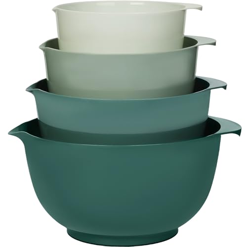 BoxedHome Green Nesting Plastic Mixing Bowl Set with Pour Spout, Microwave and Dishwasher Safe, BPA Free Non-Slip Base, Set of 4 Size 1.7, 2.5, 3.5 and 4.5qt, Great for Prepping, Baking, Cooking