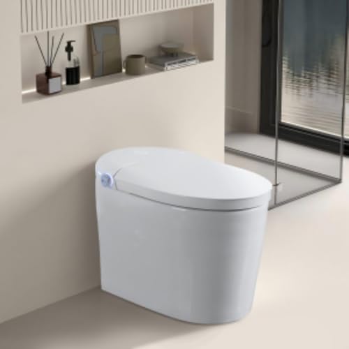 Inodoro inteligente de una pieza sin tanque con bidé integrado, descarga automática, apertura y cierre automáticos, asiento calefactado, lavado con burbujas, agua tibia y secado, temperatura ajustable, control remoto y botón lateral