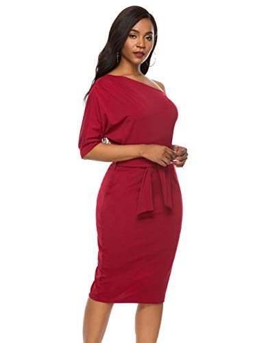 Image of Nature Comfy Elegant Womens Wear to Work One Shoulder Belted Pencil Dress