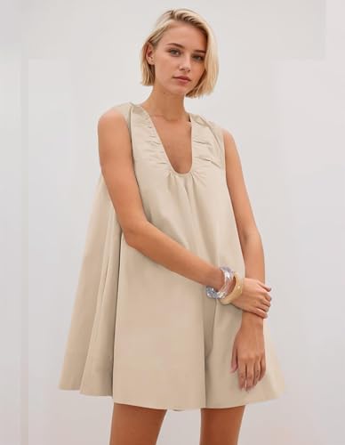 Image of OLAPTA Women Summer Sleeveless Babydoll Mini Tank Dresses Loose Fit Scoop Neck Ruched Short Dress with Pockets Party Clubwear