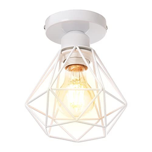 STOEX Plafonnier industrielle vintage design rétro cage en métal fer forge, Suspension luminaire E27 lampe de plafond diamant Ø16cm (Blanc)