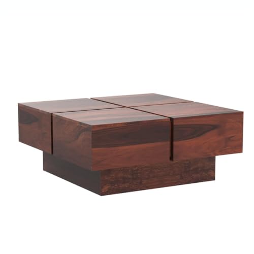 Image of Sheesham Wood Square Coffee Table | Coffee Table for Living Room | Coffee Table Small | Center Table | Center Table for Home & Office | Finish Color:- Rustic Teak