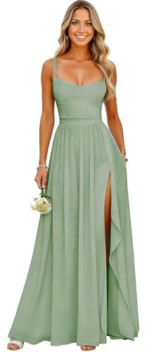 YHKDFGNZ Chiffon Bridesmaid Dresses for Women Sage Green Prom Dresses with Teens Ruffles Maid of Honor Dress Petite US 0