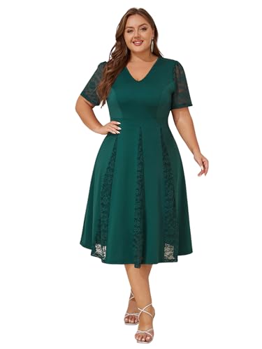 LapaPlus Übergröße Damen Formelles Kleider für Hochzeitsgäste Spitze Kurzärm V-Ausschnitt Party Cocktailkleid Abendkleid