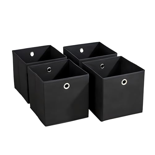 Home Source Cube Storage Boxes, Collapsible Fabric Storage Baskets, Foldable Canvas Organising Boxes, 4 Piece, Black