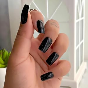 Image of Black Glitter Press On Nails | Glossy Square Fake Nails with Sparkle | Reusable Stick On Nails Kit with Glue, File & Prep Pad | Salon Finish Artificial Nails for Women