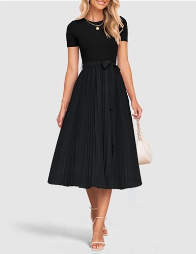 ZESICA Womens 2025 Summer Short Sleeve Midi Dresses Casual Crew Neck Knit Belted Pleated A Line Flowy Wedding Guest Dress2