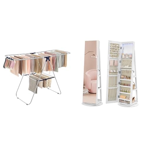 SONGMICS Clothes Drying Rack, 6 LEDs Lockable Mirror Jewelry Cabinet, ULLR52BU and UJJC007W02V1