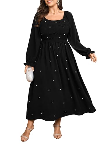 SCOMCHIC Women's Plus Size Maxi Dress Long Sleeve Pearl Square Neck Flowy A Line Wedding Guest Dresses