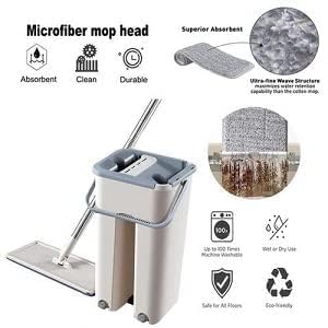 Image of Mop Heavy Quality Floor Mop with Bucket, Flexible Kitchen tap Flat Squeeze Cleaning Supplies 360 Flexible Head /2 Reusable Pads Clean Home Floor Mop Cleaners