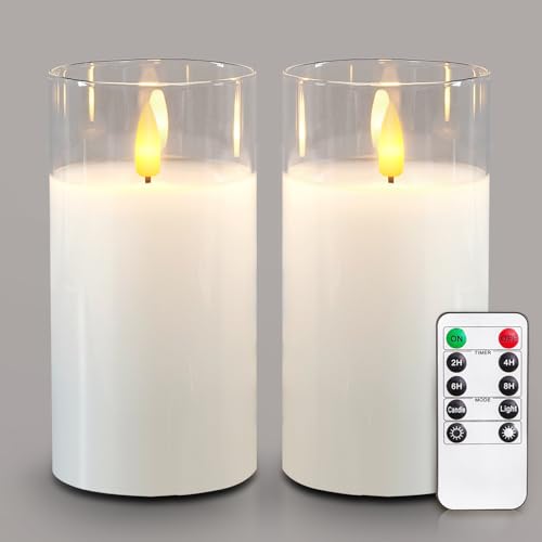 5plots Clear Glass Flameless Candles with Remote Timer, 3D Wick Real Wax Battery Operated Pillar Candles Warm Flickering Light for Indoor Home, Halloween, Christmas Decor D3 x H6 6",Set of 2