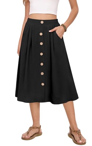 Women's Midi Skirt Summer Flowy High Waisted Casual Button Front Skirts with Pockets2