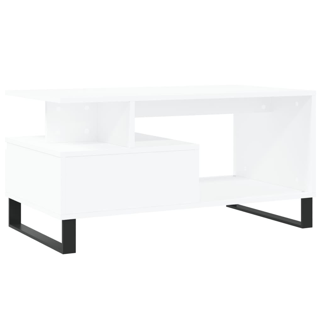 Tavolino bianco 90 x 49 x 45 cm, in legno con cassetto, gambe in metallo, tavolino moderno per soggiorno, elegante ripiano