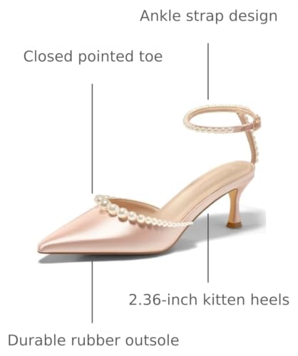 Image of Coutgo Womens Pearl Kitten Heels Closed Pointed Toe Wedding Bride Dress Shoes Ankle Strap Satin Pumps