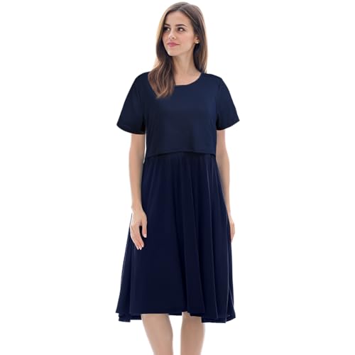 Aolso Vestidos de Maternidad Elegantes,Vestidos de Maternidad Mujer Verano,Vestido de Lactancia Femenina de Manga Corta para Lactancia Materna, azul navy, XL