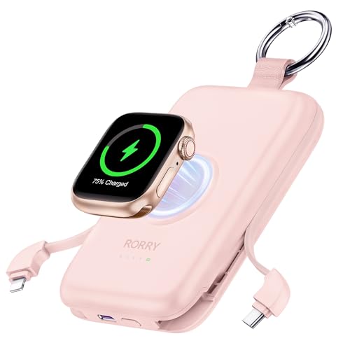 RORRY Chargeur portable, 10 000 mAh PD 20 W à charge rapide avec câbles intégrés, batterie de voyage pour iPhone 17/16/15/14/13/12 et Apple Watch...